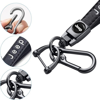 Genuine Leather car Keychain Suit for Jeep Wrangler Compass Cherokee Renegade Patriot Grand Commander Men's and Women's Key chains Keyring Lanyard Accessories Family Present Black