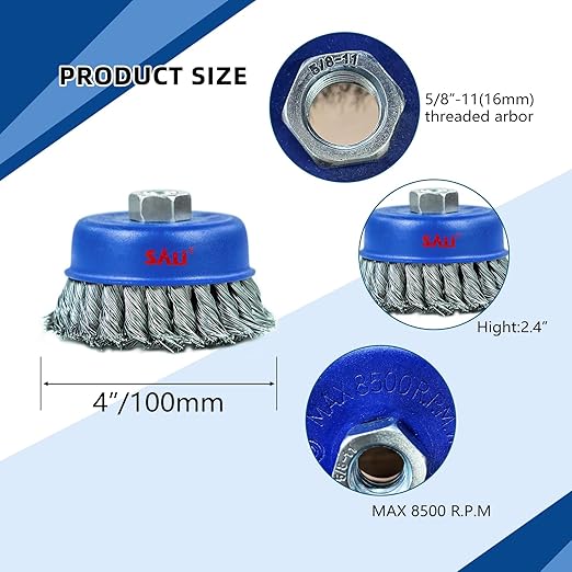 SALI 1 Wire Cup Brush, 4 Inch Twisted Knotted Cup Brush for Grinders, with 5/8-11 Inch Arbor for Heavy Cleaning Rust, Stripping and Abrasive, for Angle Grinder