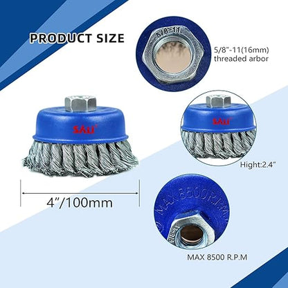 SALI 1 Wire Cup Brush, 4 Inch Twisted Knotted Cup Brush for Grinders, with 5/8-11 Inch Arbor for Heavy Cleaning Rust, Stripping and Abrasive, for Angle Grinder
