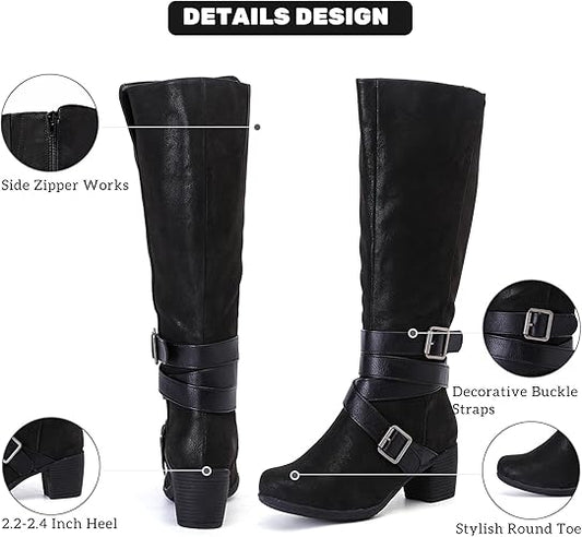 Women's Knee High Boots with Chunky Heel, Pointed Toe, Comfortable and Fashionable for Fall and Winter Wear for Women.