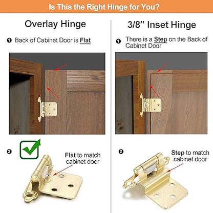 4 Pack (2 Pair) Gold (Brass) Self Closing Cabinet Hinges for Kitchen Cabinet Door, 12" Overlay (Variable) Semi Concealed Kitchen Cabinet Hinges