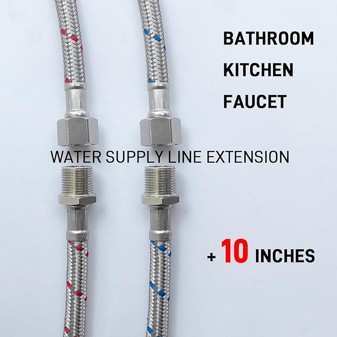 Faucet Water Supply Lines Extension, 10 Inch, 2-Pack 38" Male to Female Faucet Hose Extender for Bathroom Kitchen, Braided Stainless Steel