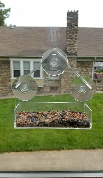 Window Bird House Feeder with Extra Strong Suction Cups Clear Bird Seed Holder for Outside Birdhouse Shape WMBF0001