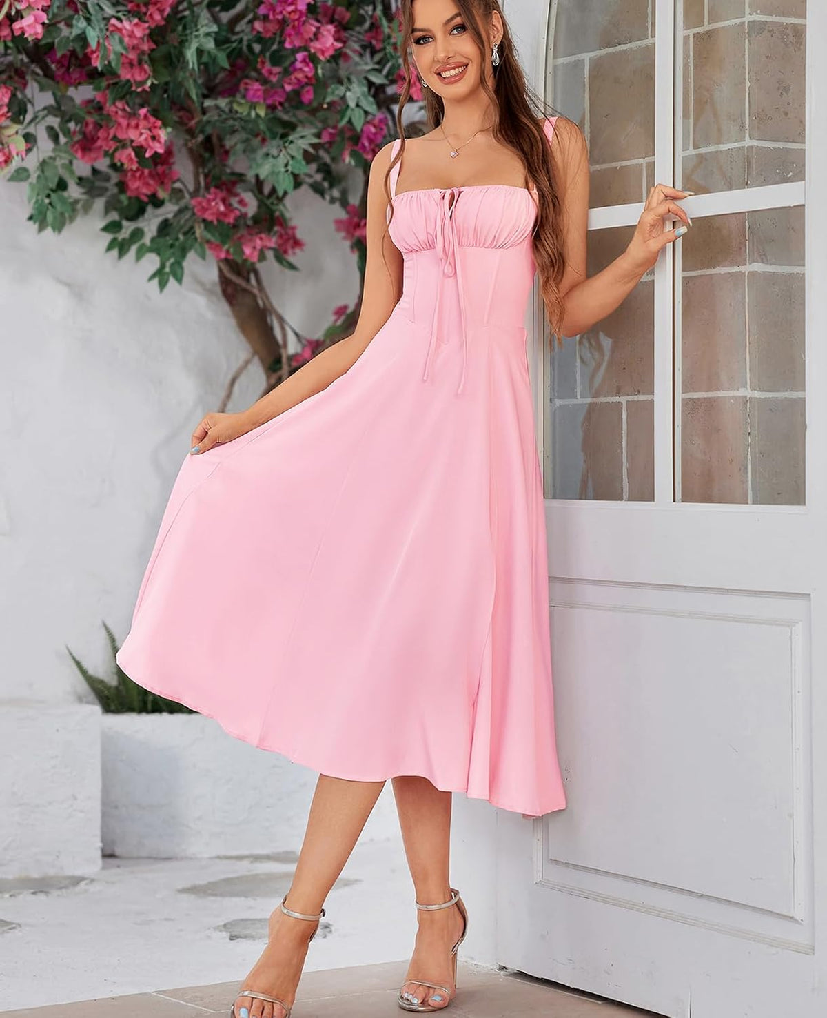 Women Summer Corset Midi Dress 2026 Floral Wedding Guest Flowy Slit Lace Up Dresses Tea Party A Line Casual Milkmaid Sundress
