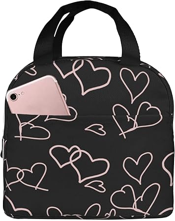 Cute Lunch Bags for Women Lunch Bag for Women,Reusable Insulated Lunch Box Thickening Insulated Cooler Bags for Work Picnic or Travel-Black Love Heart