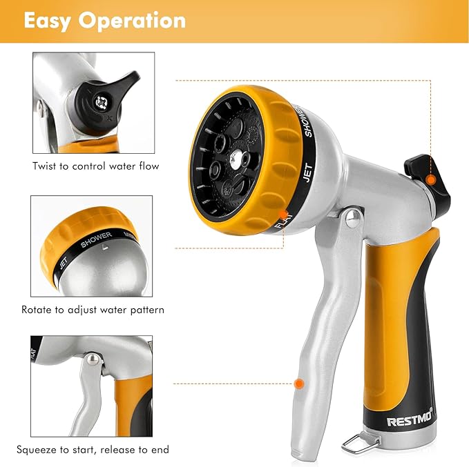 RESTMO Garden Hose Nozzle, Heavy Duty Metal Water Hose Nozzle with 7 Adjustable Spray Patterns, High Pressure Hand Sprayer with Flow Control, Best for Watering Plant  Lawn, Washing Car  Pet, Yellow