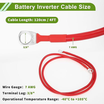 Universal 38" Lug 7 AWG Gauge 4FT Battery Inverter Cable Battery Cable Tinned Copper 1 Pc Red