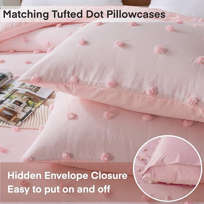 Paxrac Pink TwinTwin XL Comforter Set (68x90 inches), 2 Pieces- Soft Cotton Lightweight Blush Comforter with 1 Pillowcase, Chenille Dots All Season Down Alternative Comforter Set for Bedding