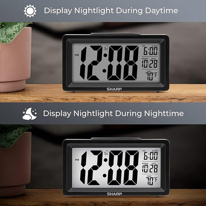 Sharp Alarm Clock with Indoor Temperature, Nightlight, Calendar, Battery Operated Digital Small Clock for Bedrooms or Travel, Black