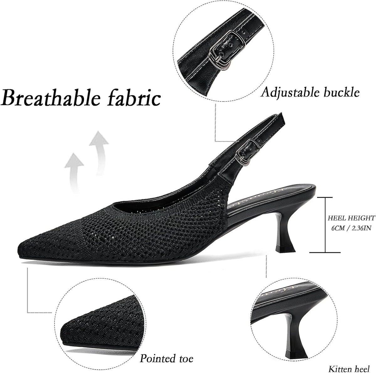 Size 9 Cozivwaiy Black Mesh Kitten Heel for Women Slingbanck Business Shoes Pointed Closed Toe Elagant Office Pumps Comfortable Low Heels