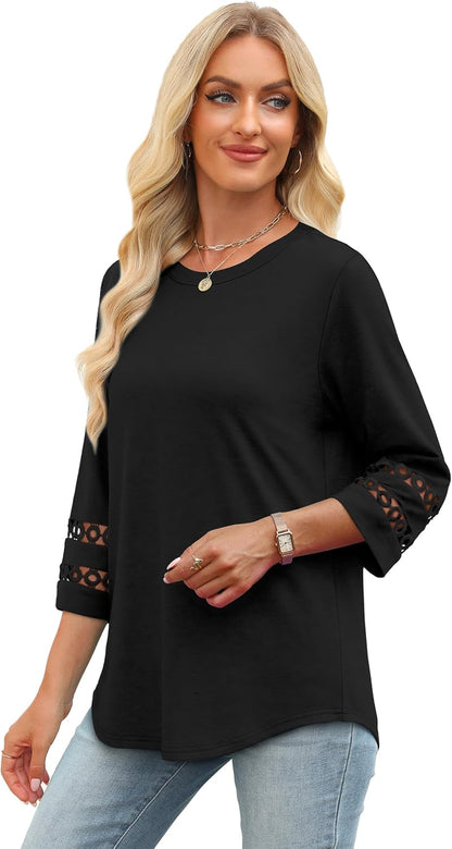 XIEERDUO 3/4 Length Sleeve Womens Tops and Blouses Dressy Casual Crewneck T Shirts Fashion Clothes Loose Fit Trendy
