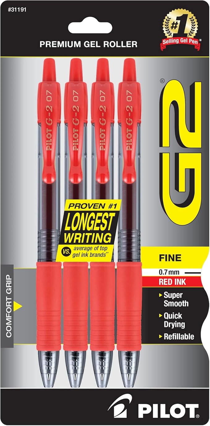 Pilot, G2 Premium Gel Roller Pens, Fine Point 0.7 mm, Red, Pack of 4 Amazon's Choice