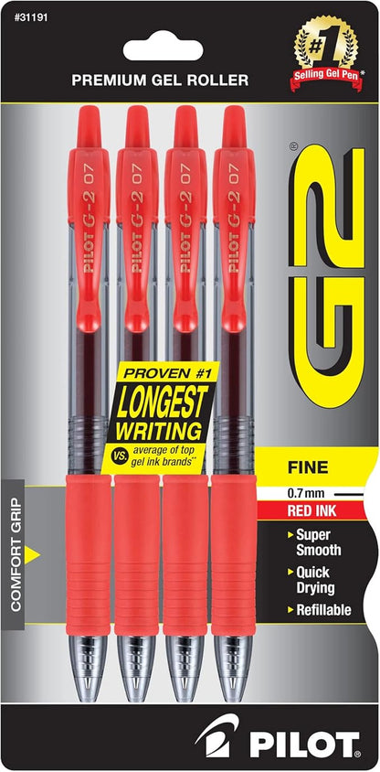 Pilot, G2 Premium Gel Roller Pens, Fine Point 0.7 mm, Red, Pack of 4 Amazon's Choice