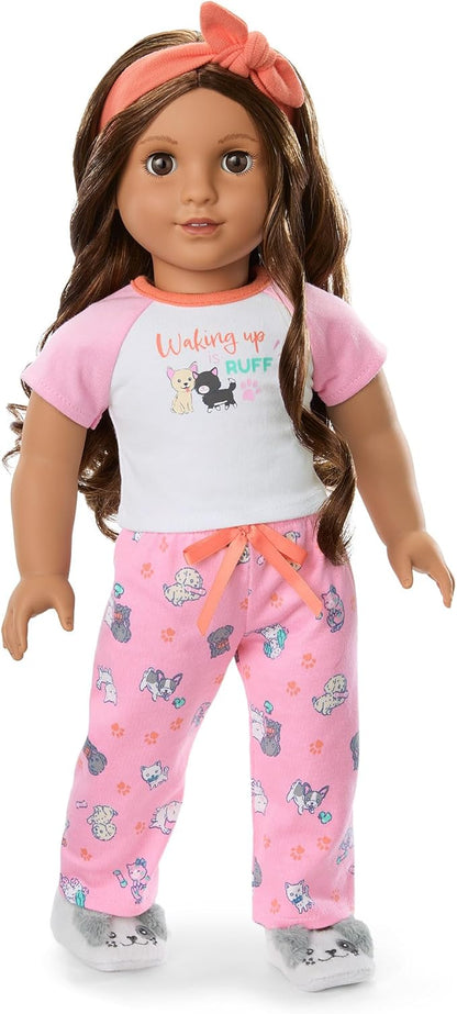 American Girl Truly Me 18-inch Doll Waking Up is Ruff PJs Outfit with Plush Slippers and Knotted Headband, for Ages 6