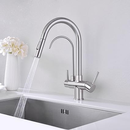 TUTEW Kitchen Faucet with Pull Down Sprayer, Kitchen Sink Faucet with Drinking Water Faucet,2 Handle 3 in 1 Water Filter Purifier Faucets,Brushed Nickel