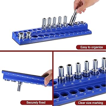 HARFINGTON Magnetic Socket Organizer 12" Drive Metric Socket Holder Tray Socket Storage Rack Holds 19 Standard and Deep Size Sockets, Blue