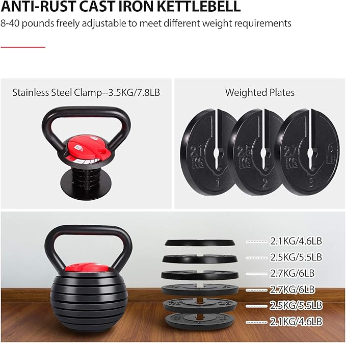 TopMade Adjustable Kettlebell Weights Set Cast Iron Exercise Fitness Kettle Ball Grip 5, 8, 9,12lb Free Weight Men Women Kettlebells for Home Gym Workout Ballistic, Core,Strength Training (40 lbs)