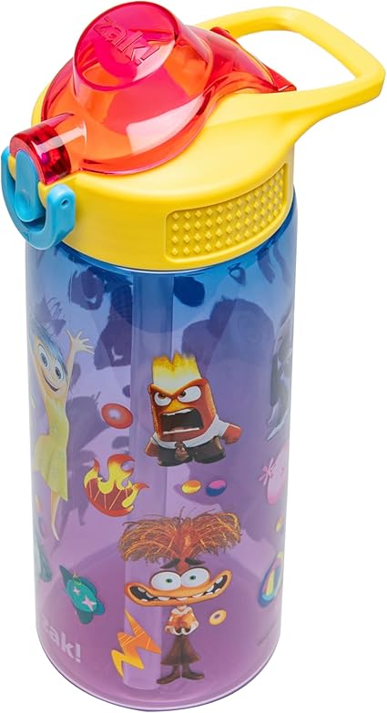 Zak Designs Disney and Pixar Inside Out 2 Sage Water Bottle For School or Travel, 25oz Durable Plastic Water Bottle With Straw, Handle, and Leak-Proof, Pop-Up Spout Cover (Emotions)