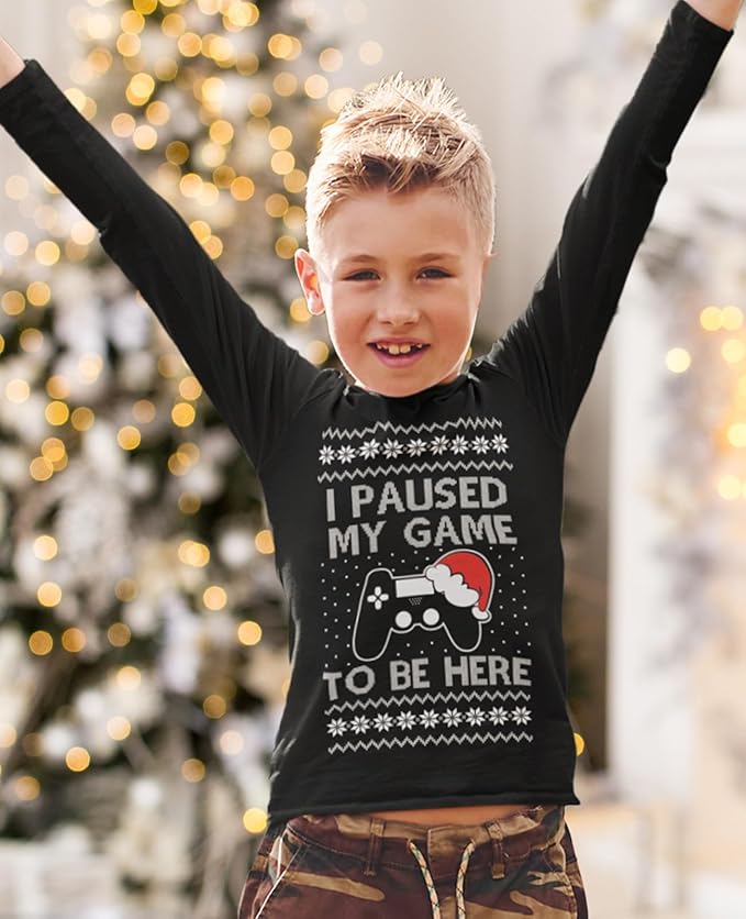 Tstars Gaming Boys Ugly Christmas Shirt I Paused My Game to Be Here Xmas Holiday Long Sleeve T-Shirt for Youth Kids