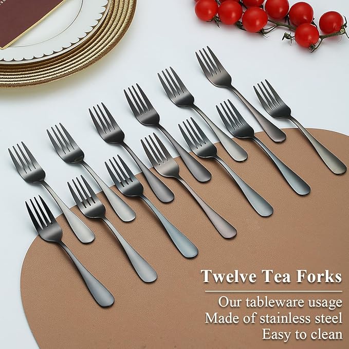Evanda Black Dessert Forks Set of 12 Pack 5.62", Titanium Black Plating Pastry Fork, Appetizer Fork for Fruit, Cake, Cheese, Party Trips, Cafes, Restaurants, Easy To Clean, Dishwasher Safe