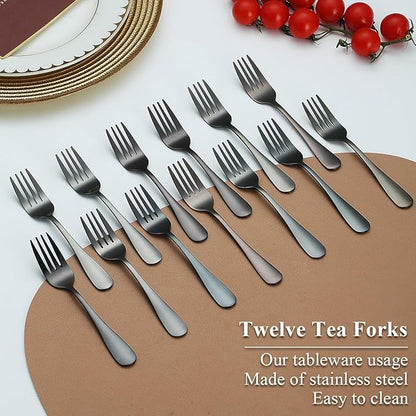 Evanda Black Dessert Forks Set of 12 Pack 5.62", Titanium Black Plating Pastry Fork, Appetizer Fork for Fruit, Cake, Cheese, Party Trips, Cafes, Restaurants, Easy To Clean, Dishwasher Safe