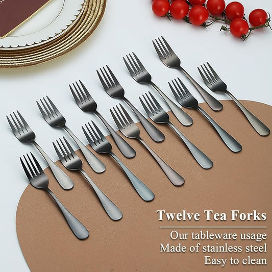 Evanda Black Dessert Forks Set of 12 Pack 5.62", Titanium Black Plating Pastry Fork, Appetizer Fork for Fruit, Cake, Cheese, Party Trips, Cafes, Restaurants, Easy To Clean, Dishwasher Safe
