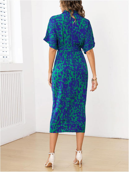 Large, MakeMeChic Women's High Waist Belted Shirt Dress High Split Printed Collar Neck Short Sleeve Midi Dress