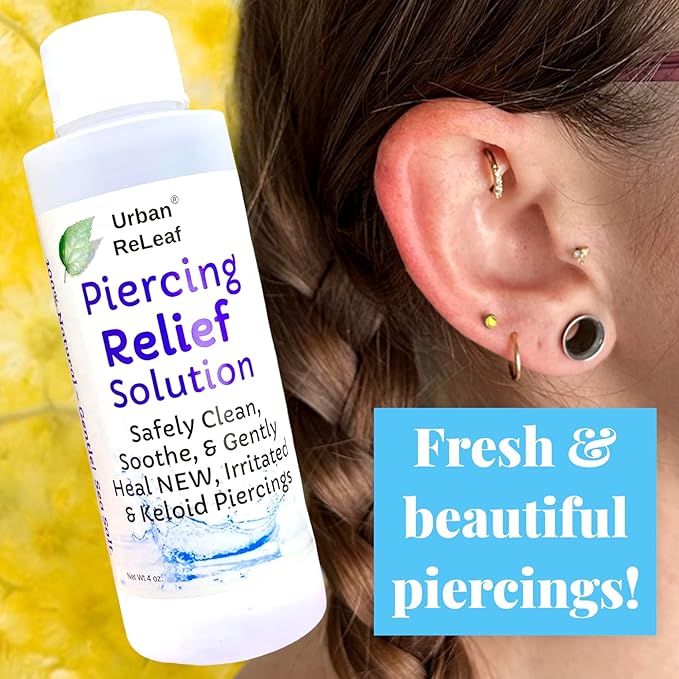 Urban ReLeaf PIERCING RELIEF Solution ! Safely Clean, Soothe  Gently Calm New, Irritated and Bumpy Piercings. 100 Natural Sea Salt, Tea Tree, Rosemary