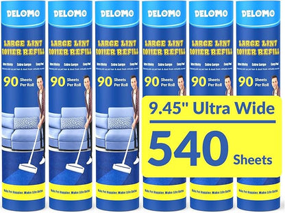 Lint Roller Refills - DELOMO Large Lint Roller Refill (6 Packs 540 Sheets) for Lint Remover, 9.45 in Pet Mega Extreme Stick Refill for Floor Roller, Cleaning for Carpets, Cars, Clothing, and Pet Hair