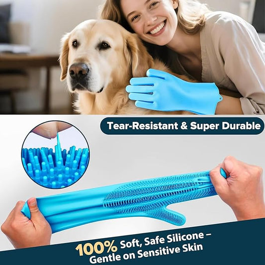 Pet Republique Silicone Bathing Gloves for Dogs, Cats, & Most Animals – Long Sleeve Grooming Glove with Foam Scrubbing Bristles