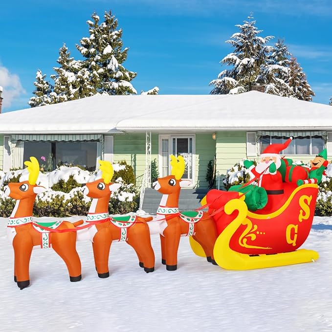 GOOSH 12 Ft Christmas Inflatable Reindeer cart Outdoor Decorations Blow Up Yard Three Deer Pulling a Sleigh and Santa Claus with Built-in LEDs for Indoor Party Garden Lawn Decor
