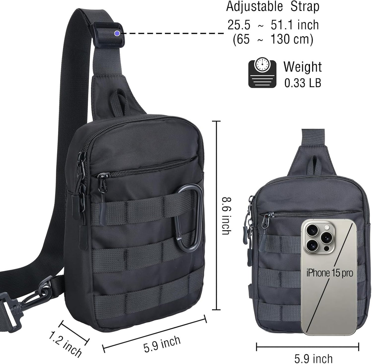 Small Sling Bag for Men Women, Tactical Bag Waterproof Dual Pocket Mini Chest Crossbody Bag Shoulder Bag for Travel Work Sport