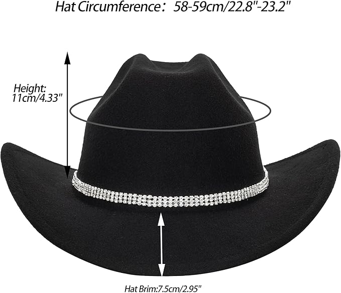 Women-Rhinestone-Western-Cowboy-Hats - Vintage-Wide-Brim-Cowgirls-Hat Bling-Diamond-Hat for Disco Music Party M/L