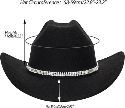 Women-Rhinestone-Western-Cowboy-Hats - Vintage-Wide-Brim-Cowgirls-Hat Bling-Diamond-Hat for Disco Music Party M/L