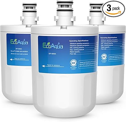 EcoAqua EFF-6005A Replacement for LG LT500P, 5231JA2002A, ADQ72910901, Kenmore GEN11042FR-08, 9890, 46-9890 Refrigerator Water Filter, 3 Pack