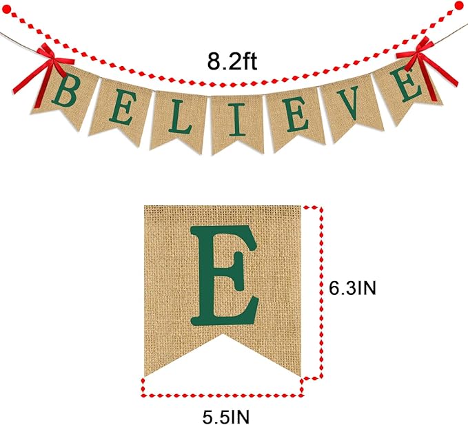 Believe Burlap Banner - Rucitc Holiday Banner Garland - Perfect for Christmas Decoration Xmas Party Decor