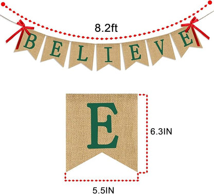 Believe Burlap Banner - Rucitc Holiday Banner Garland - Perfect for Christmas Decoration Xmas Party Decor