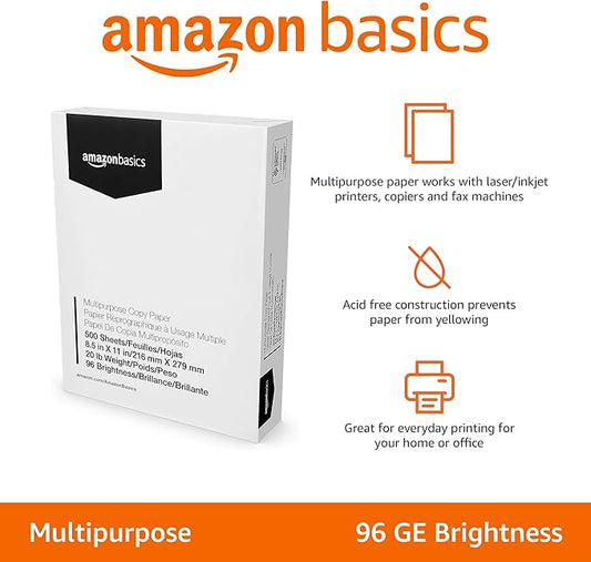 Basics Multipurpose Copy Printer Paper, 20 Pound, White, 96 Brightness, 8.5 x 11 Inch, 1 Ream , 500 Sheets Total