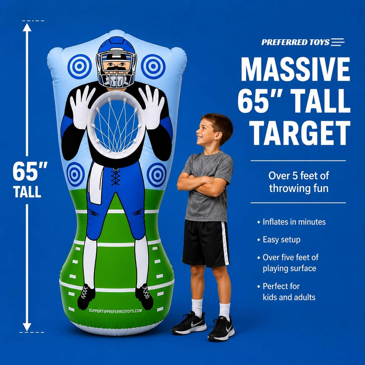 Preferred Toys 65” Inflatable Football Target Net Toss Game - Double-Sided Throwing Practice Football Stuff with Mini Balls - Backyard Tailgate Party Sports Toy for Kids & Adults