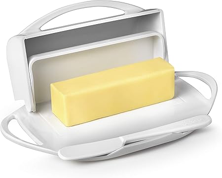Butterie Flip-Top Butter Dish with Lid  Matching Knife, Holds 2 SticksKerrygold Butter, No-Mess Butter Holder, Shatterproof, Dishwasher Safe, White