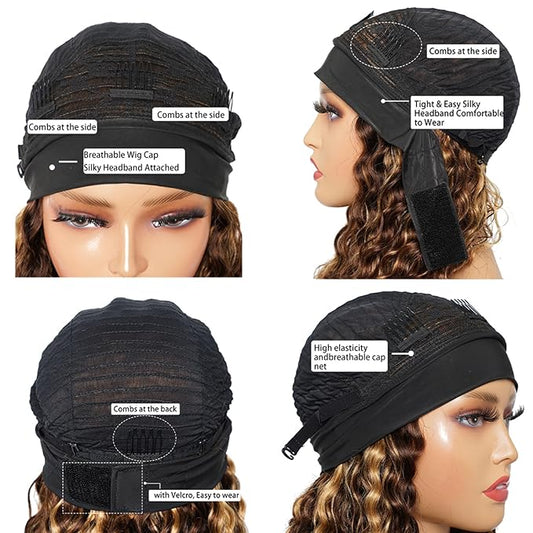 Headband Wig Human Hair Deep Wave 427 Human Hair Headband wigs for women Glueless None Lace Front Wig Machine Made 150 Density headband wig human hair with Headbands (12Inch)