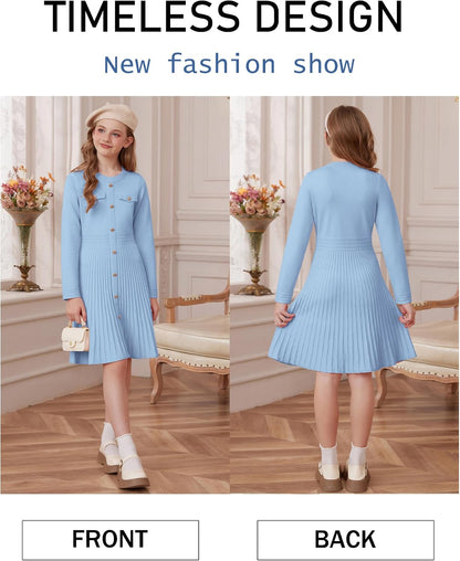Girls Sweater Fall Dress Long Sleeve Knit Button Front Pleated A-Line Casual Winter Midi Dresses 5-14Y