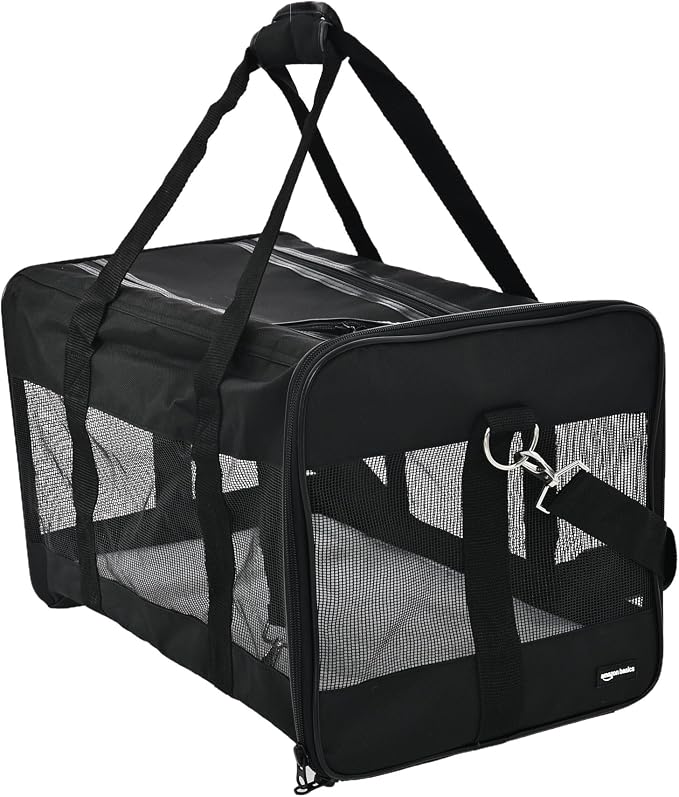 Basics Airline Approved Soft-Sided Mesh Pet Travel Carrier with Shoulder Strap, Portable, Washable Removable Fleece Pad for Dog, Cat, up to 16 pounds, 16.5" L x 10.6" W x 11" H, Black