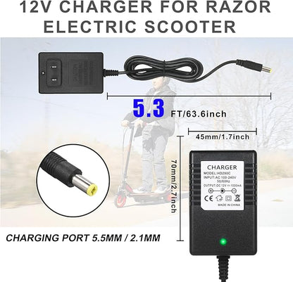 12v Charger for Razor Power Core E90 Charger for Electric Scooter Black Label Powercore E90, E95, MX125 Dirt Bike, MX125 Dirt Rocket, 12V Kids Ride On, Dynacraft Toy Power Supplies
