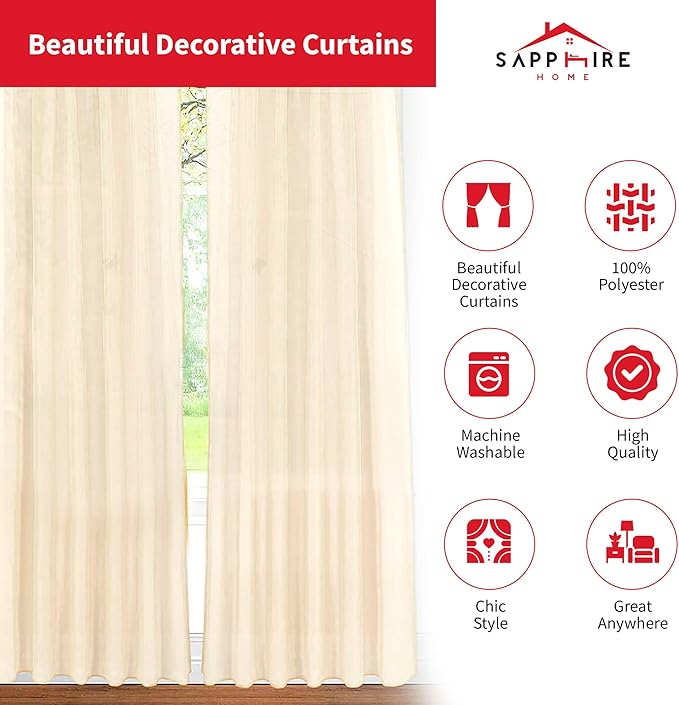 Sapphire Home Beige Sheer Curtains - 84 Inches Length, 2 Panels Set Sheer Drapes, Light Filtering Textured Window Curtain for Living Room, Bedroom, Kitchen, and Dining Room - 54"x84", BeigeCream