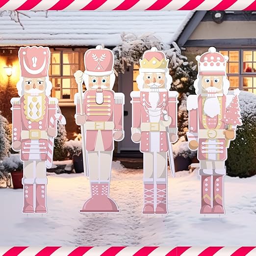 Geetery 4 Pcs Large Christmas Nutcracker Yard Sign with 16 Stakes Christmas Yard Decorations Outdoor Holiday Xmas Nutcracker Cute Christmas Outside Lawn Decor for Garden Pathway Party (Pink)