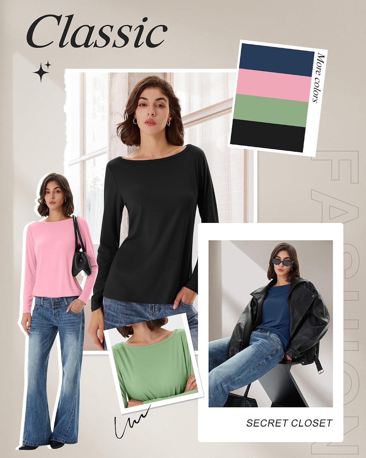 Neer 4 Pack Women's Long Sleeve Shirts Boat Neck Loose Fit Tunic Tops Casual Basic Layer Clothes for Ladies Outfits