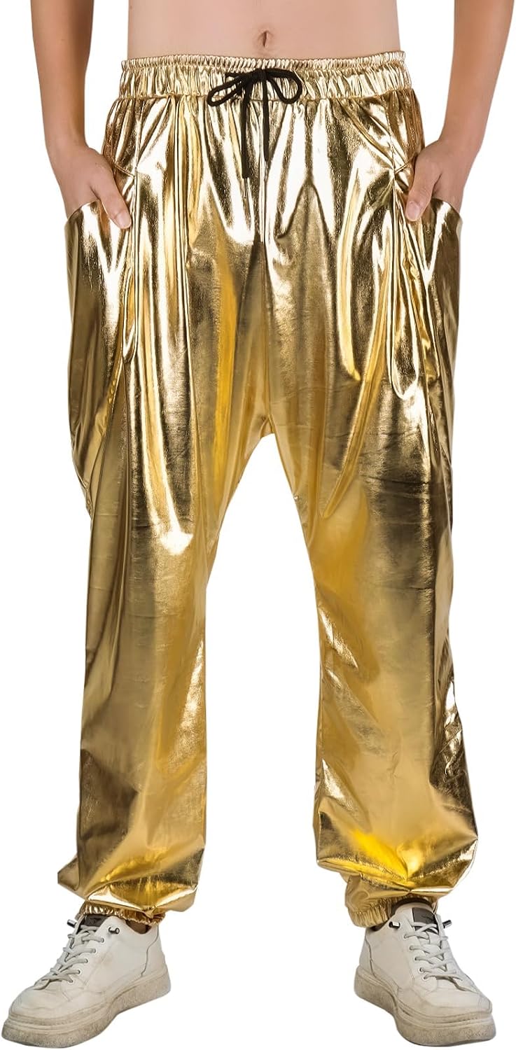 Mens Metallic Pants Disco Outfit Drawstring Waistband Rave Trousers Sequin Joggers with Pockets
