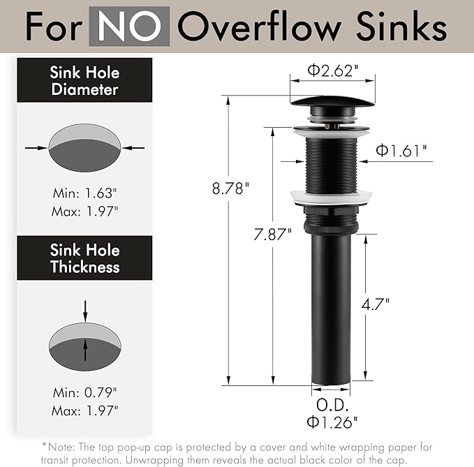 KES Bathroom Sink Drain Without Overflow Vessel Sink Lavatory Vanity Pop Up Drain Stopper Matte Black, All Metal Rustproof Brass and 304 Stainless Steel, S2008D-BK