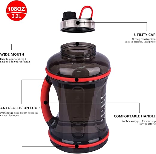 0.9 Gallon Water Bottle Sports Water Jugs Robust 108oz Large Reusable Water Bottles Leak Proof Motivational Plastic Drinking Container for Sport Travel Camping Outdoor